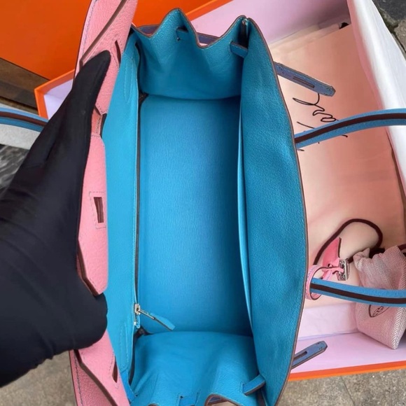 Birkin 30 Rose Confetti Bleu Azteque Chevre Bi-Color Horseshoe Bag - Picture 5 of 9